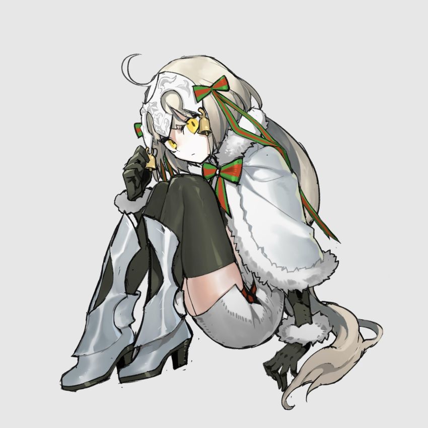 1girl, ahoge, armor, bell, black_gloves, black_thighhighs, blonde_hair, blue_pupils