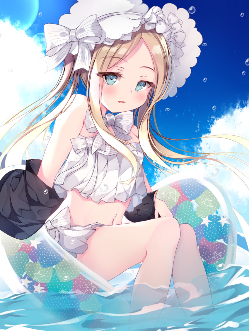 1girl, abigail_williams_(fate), abigail_williams_(swimsuit_foreigner)_(fate), abigail_williams_(swimsuit_foreigner)_(third_ascension)_(fate), bare_shoulders, bikini, black_jacket, blonde_hair, blue_eyes, blue_sky, blush, bonnet, bow, breasts, fate/grand_order, fate_(series), forehead, hair_bow, highres, innertube, jacket, long_hair, looking_at_viewer, merun_(merun_i), miniskirt, navel, ocean, off_shoulder, open_clothes, open_jacket, open_mouth, parted_bangs, sidelocks, skirt, sky, small_breasts, solo, swim_ring, swimsuit, twintails, very_long_hair, white_bikini, white_bow, white_headwear