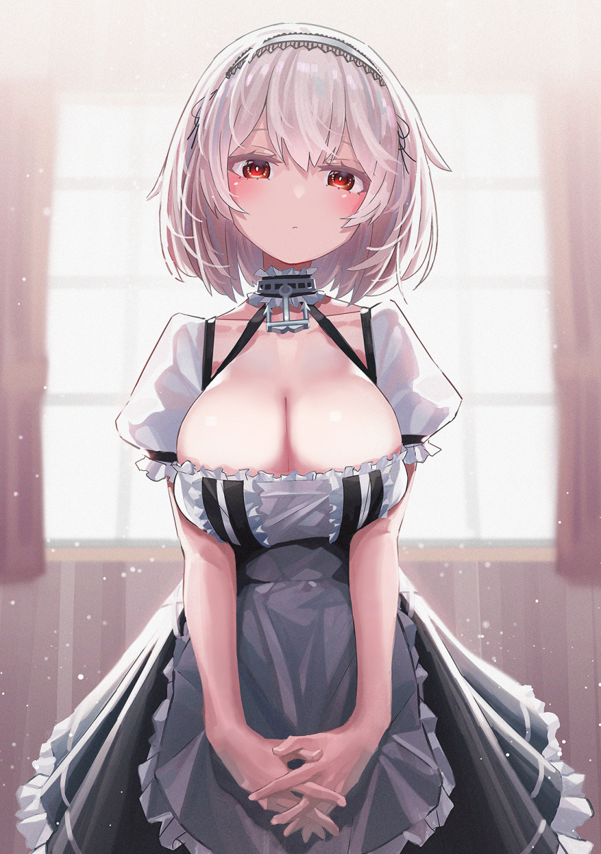 1girl, anchor_choker, apron, azur_lane, backlighting, black_dress, blurry, blurry_background, blush, breasts, choker, cleavage, closed_mouth, collarbone, commentary_request, cowboy_shot, curtains, dress, expressionless, frilled_apron, frilled_choker, frilled_dress, frilled_sleeves, frills, hairband, highres, indoors, interlocked_fingers, jewelry, lace-trimmed_hairband, lace_trim, large_breasts, light_particles, looking_at_viewer, maid, miyoshi_nao_(miyoshist), own_hands_together, pendant, puffy_short_sleeves, puffy_sleeves, red_eyes, short_hair, short_sleeves, silver_hair, sirius_(azur_lane), solo, standing, two-tone_dress, v_arms, waist_apron, white_apron, white_choker, white_dress, white_hairband, window