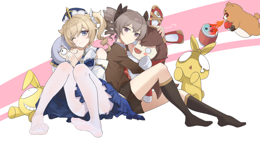 2girls, absurdres, artist_request, barbara_(genshin_impact), honkai_gakuen, blue_eyes, bronya_zaychik, bronya_zaychik_(wolf's_dawn)