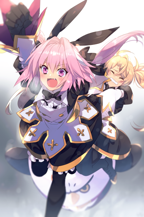 1boy, 1girl, astolfo_(fate), astolfo_(saber)_(fate), astolfo_(saber)_(fate)_(cosplay), astolfo_(saber)_(third_ascension)_(fate), black_bow, black_gloves