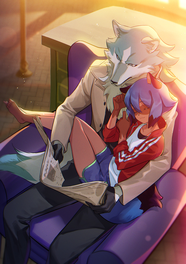 1boy, 1girl, animal_ears, animal_nose, barefoot, black_gloves, black_pants, blue_hair, blue_shorts, body_fur, brand_new_animal, closed_mouth, coat, closed_eyes, full_body, furry, furry_female, furry_male, gloves, hasumikaoru, indoors, jacket, kagemori_michiru, long_sleeves, ogami_shirou, pants, raccoon_ears, raccoon_girl, raccoon_tail, red_jacket, short_hair, shorts, sitting, sleeping, smile, snout, tail, wolf_boy, wolf_ears, wolf_tail