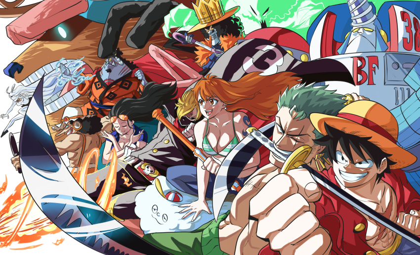 3girls, 6+boys, abs, bikini, bikini_top_only, black_hair, blonde_hair, breasts, brook_(one_piece), brown_fur, carrot_(one_piece), cleavage, closed_eyes, cropped_jacket, crown, drawing_sword, everyone, facial_scar, fighting_stance, fins, fish_boy, foreshortening, franky_(one_piece), franky_shogun, furry, furry_male, giant, giant_male, gloves, glowing, glowing_eye, gold_crown, green_bikini, green_hair, hair_over_one_eye, hat, highres, holding, holding_sword, holding_weapon, jacket, jinbe_(one_piece), long_hair, male_focus, monkey_d._luffy, multiple_boys, multiple_girls, muscular, muscular_male, nami_(one_piece), nami_(one_piece)_(return_to_sabaody), nico_robin, nico_robin_(return_to_sabaody), official_alternate_costume, one-eyed, one_piece, orange_hair, pectorals, rabbit_girl, raid_suit, reindeer_boy, roronoa_zoro, sanji_(one_piece), scar, scar_across_eye, scar_on_cheek, scar_on_chest, scar_on_face, short-sleeved_jacket, short_hair, short_sleeves, skeleton, smile, straw_hat, striped_bikini, striped_clothes, sun_hat, suspenders, swimsuit, sword, tina_fate, toned, toned_male, tony_tony_chopper, usopp, very_long_hair, weapon, white_fur, zeus_(one_piece)