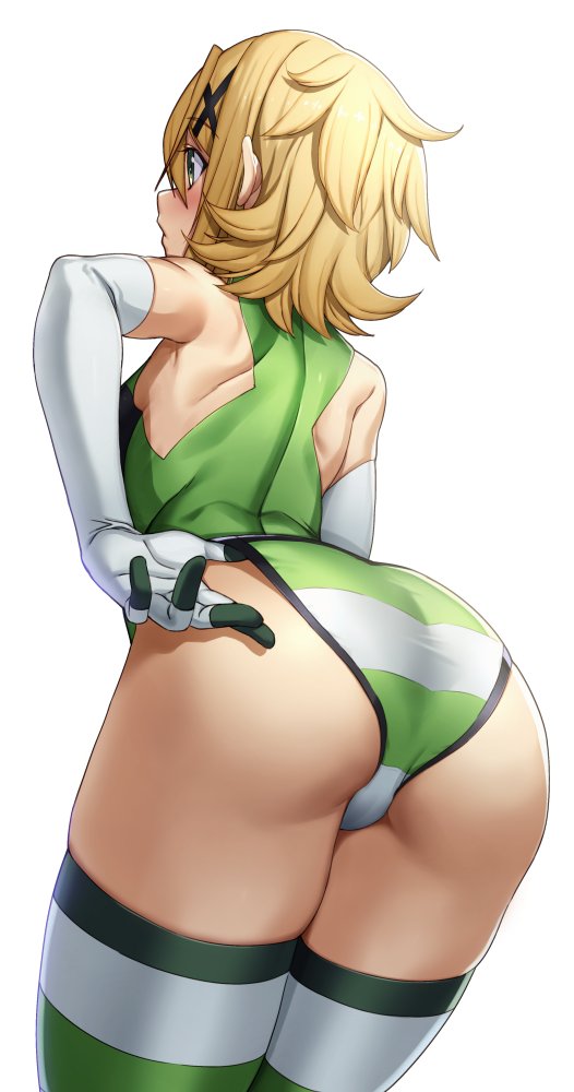 1girl, akatsuki_kirika, ass, blonde_hair, breasts, elbow_gloves, from_behind, gloves