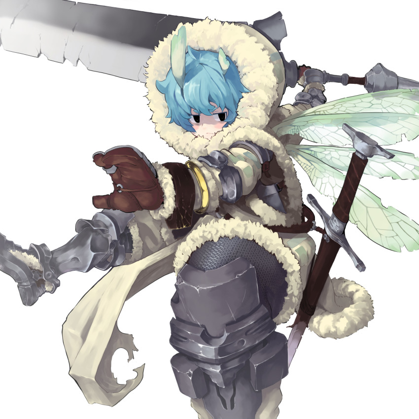 1boy, armor, black_eyes, blue_hair, blush, breastplate, brown_gloves, chainmail, closed_mouth, crack, fairy_wings, gloves, greaves, hair_between_eyes, highres, holding, holding_sword, holding_weapon, hood, hood_up, huge_weapon, light_blue_hair, male_focus, multiple_wings, original, scabbard, scratches, sheath, sheathed, short_eyebrows, simple_background, sister_plz, solo, sword, torn, torn_clothes, vambraces, weapon, white_background, wings, winter_clothes