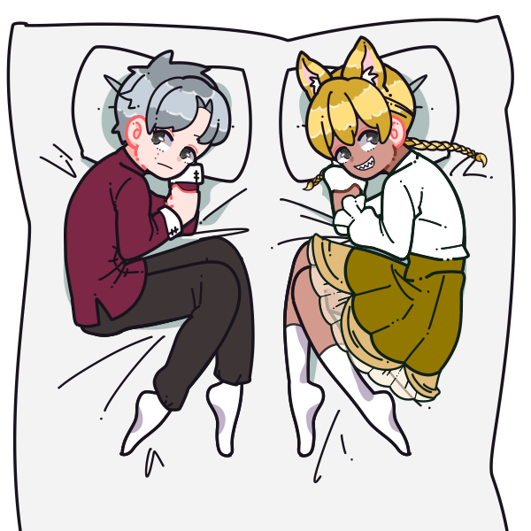 1boy, 1girl, animal_ears, bed, blazblue, blonde_hair, cat_ears, couple