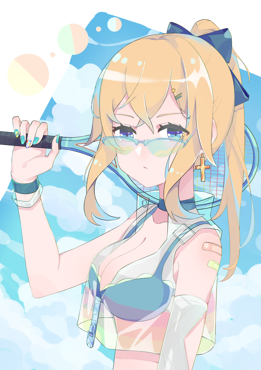 1girl, absurdres, bandaid, bandaid_on_shoulder, bikini, black_bikini, blonde_hair, blue_nails