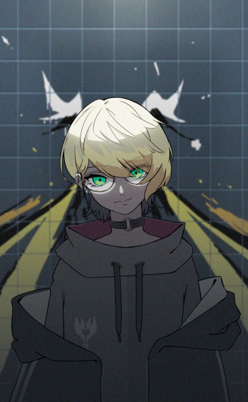 1other, black_choker, black_jacket, blonde_hair, choker, closed_mouth, commentary_request, drawstring