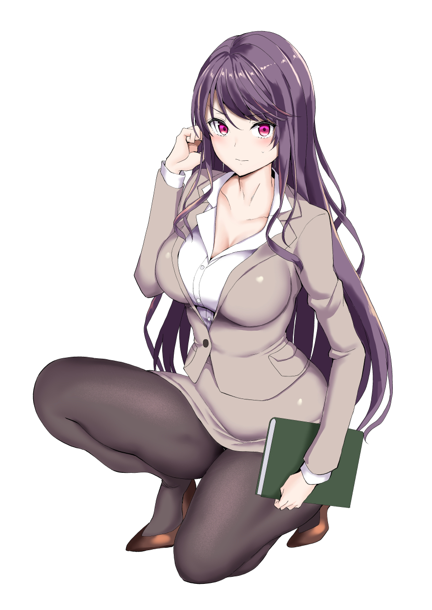 1girl, beige_blazer, beige_skirt, black_pantyhose, blush, breasts, brown_footwear, chin_(motio7201), cleavage, closed_mouth, collared_shirt, dress_shirt, gundou_mirei, gundou_mirei_(1st_costume), highres, holding, holding_notebook, large_breasts, long_hair, looking_at_viewer, miniskirt, nijisanji, notebook, original, pantyhose, purple_hair, red_eyes, shirt, sidelocks, skirt, squatting, swept_bangs, teacher, virtual_youtuber, white_background, white_shirt