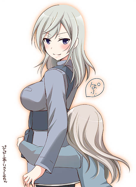 2girls, aurora_e._juutilainen, blonde_hair, blush, breasts, cowboy_shot, eila_ilmatar_juutilainen, from_side