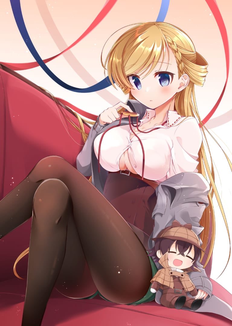 1girl, araragi_ayune, asymmetrical_bangs, belt, belt_buckle, black_pantyhose, blonde_hair, blue_eyes