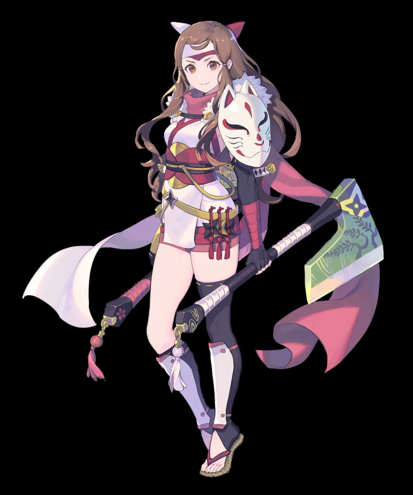 1girl, armor, asymmetrical_legwear, axe, battle_axe, breasts, brown_eyes, brown_hair, closed_mouth, detached_sleeves, dual_wielding, elbow_gloves, enkyo_yuuichirou, fingerless_gloves, fire_emblem, fire_emblem_fates, fire_emblem_heroes, fox_mask, full_body, fur_trim, gloves, hana_(fire_emblem), hana_(ninja)_(fire_emblem), headband, highres, holding, holding_weapon, japanese_clothes, long_hair, looking_at_viewer, mask, medium_breasts, ninja, nintendo, official_alternate_costume, official_art, reverse_grip, sandals, shin_guards, shoulder_armor, shuriken, smile, solo, standing, sword, thick_thighs, thighs, toeless_legwear, toes, transparent_background, uneven_legwear, weapon