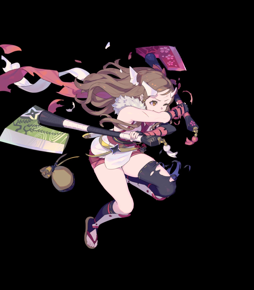 1girl, asymmetrical_legwear, asymmetrical_sleeves, axe, bare_shoulders, battle_axe, belt_pouch, brown_eyes