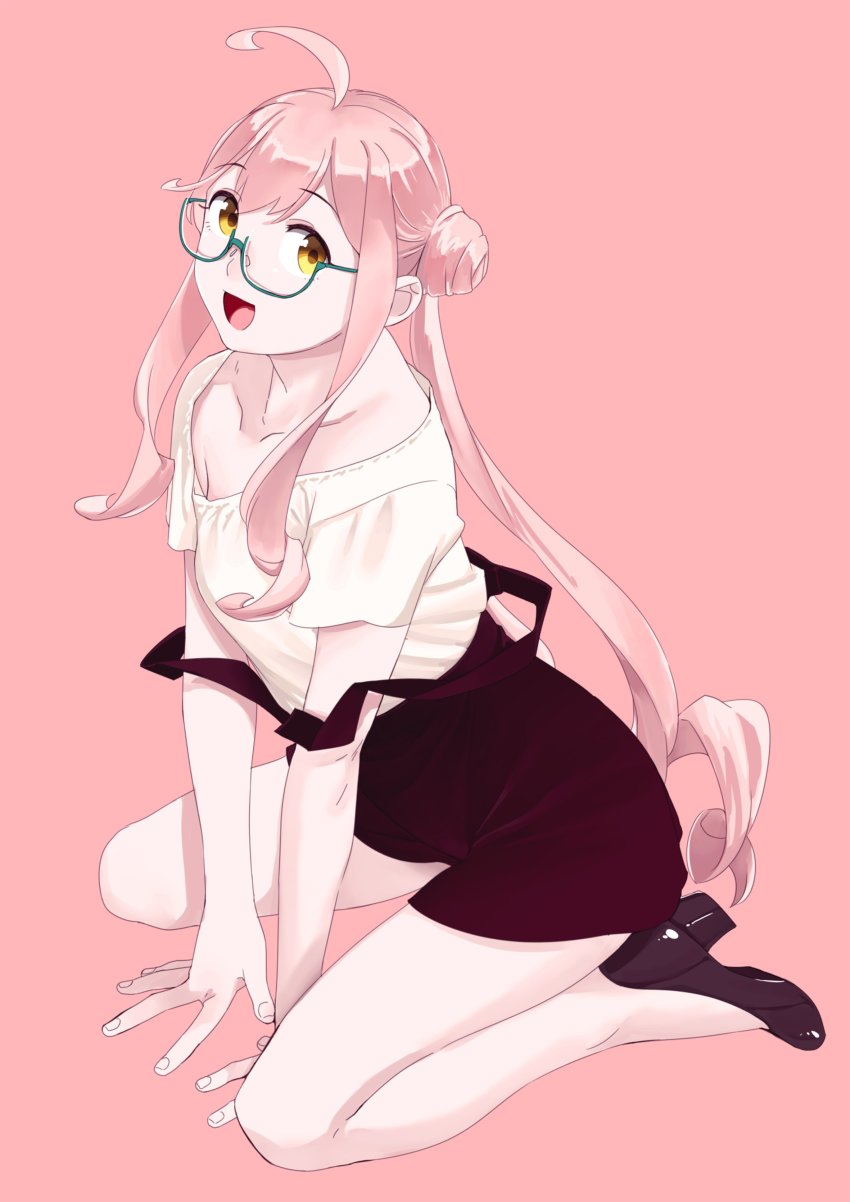 1girl, absurdres, ahoge, black_footwear, blue-framed_eyewear, double_bun, full_body, glasses