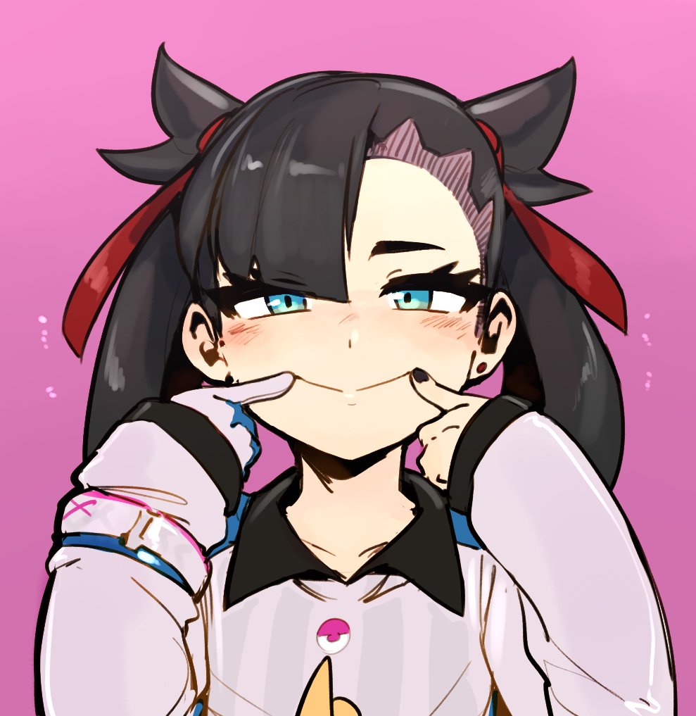 1girl, asymmetrical_bangs, black_hair, black_nails, blue_eyes, blush, doppel_(bonnypir), fingersmile, gloves, gym_challenge_uniform, hair_ribbon, long_hair, long_sleeves, marnie_(pokemon), nail_polish, nintendo, pink_background, pokemon, pokemon_sword_and_shield, ribbon, simple_background, single_glove, smile, solo, sportswear, twintails, undercut, upper_body