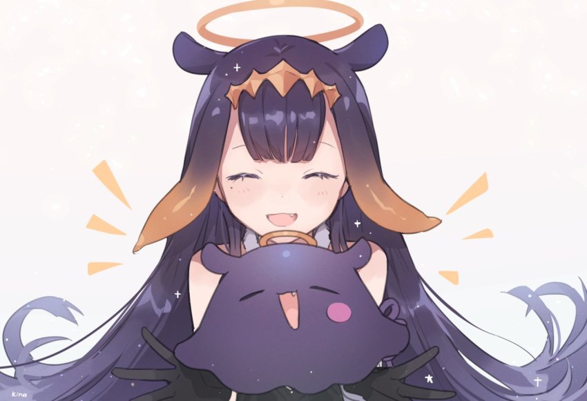 closed_eyes, diamond_hairband, eyelashes, hair_ornament, halo, hkina7, hololive, hololive_english, holomyth, long_hair, mole, mole_under_eye, ninomae_ina'nis, ninomae_ina'nis_(1st_costume), open_mouth, purple_hair, smile, takodachi_(ninomae_ina'nis), tentacle_hair, tentacles, virtual_youtuber, white_background