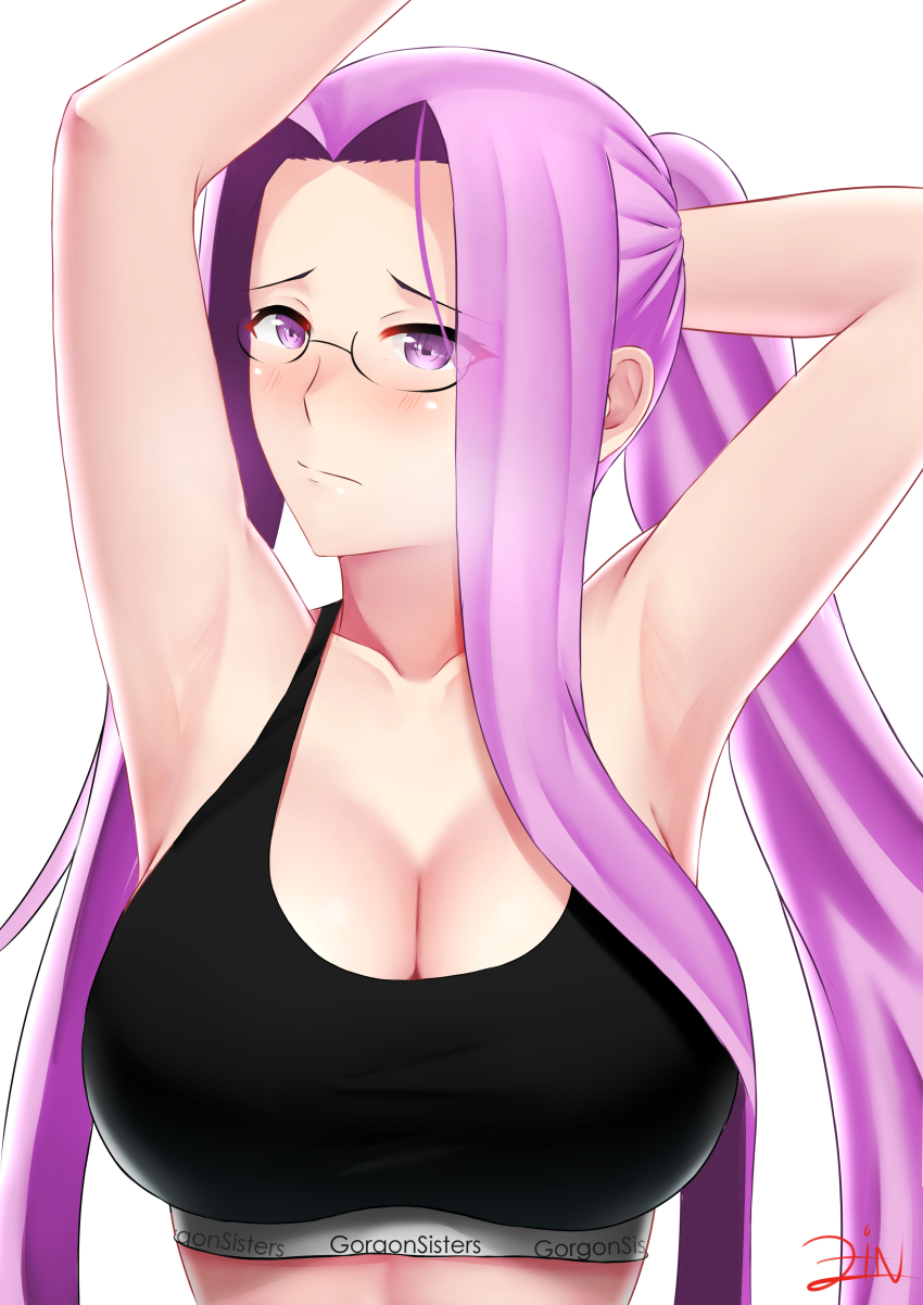 1girl, absurdres, alternate_costume, alternate_hairstyle, arm_behind_head, armpits, arms_up, black_sports_bra