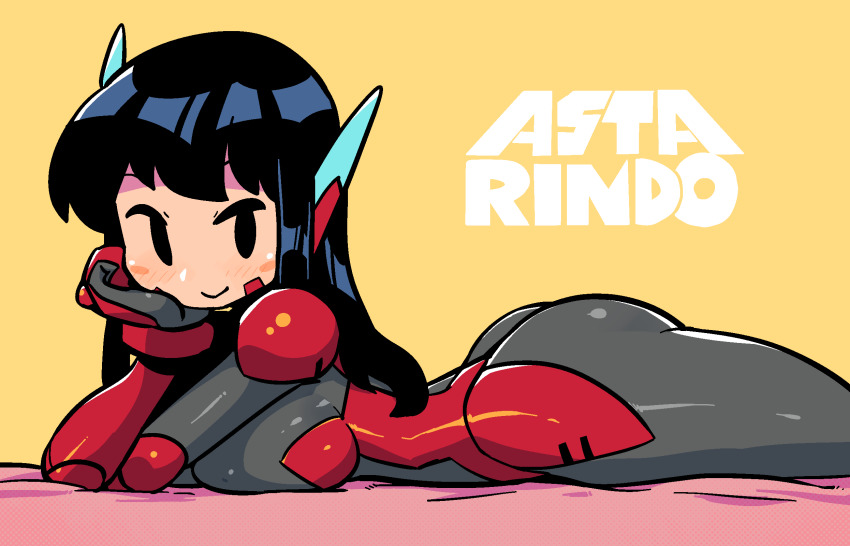 1girl, asta_rindo_(rariatto), black_eyes, black_hair, bodysuit, breast_press, breasts, character_name