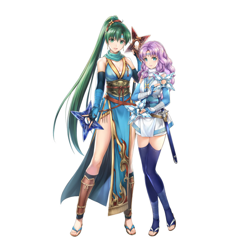 2girls, absurdres, bare_shoulders, blue_thighhighs, breasts, circlet, cleavage, commentary_request, dual_wielding, earrings, elbow_gloves, feet, female_focus, fingerless_gloves, fire_emblem, fire_emblem:_the_blazing_blade, fire_emblem_heroes, florina_(fire_emblem), florina_(ninja)_(fire_emblem), full_body, gloves, green_eyes, green_hair, hair_ornament, highres, holding, holding_weapon, japanese_clothes, jewelry, long_hair, looking_at_viewer, lyn_(fire_emblem), lyn_(ninja)_(fire_emblem), matching_hair/eyes, medium_breasts, multiple_girls, ninja, nintendo, official_art, open_mouth, pelvic_curtain, ponytail, purple_hair, sandals, sheath, sheathed, shuriken, shuriken_hair_ornament, sleeveless, smile, sword, thighhighs, toeless_legwear, toes, very_long_hair, weapon, white_background, yamada_koutarou, zettai_ryouiki