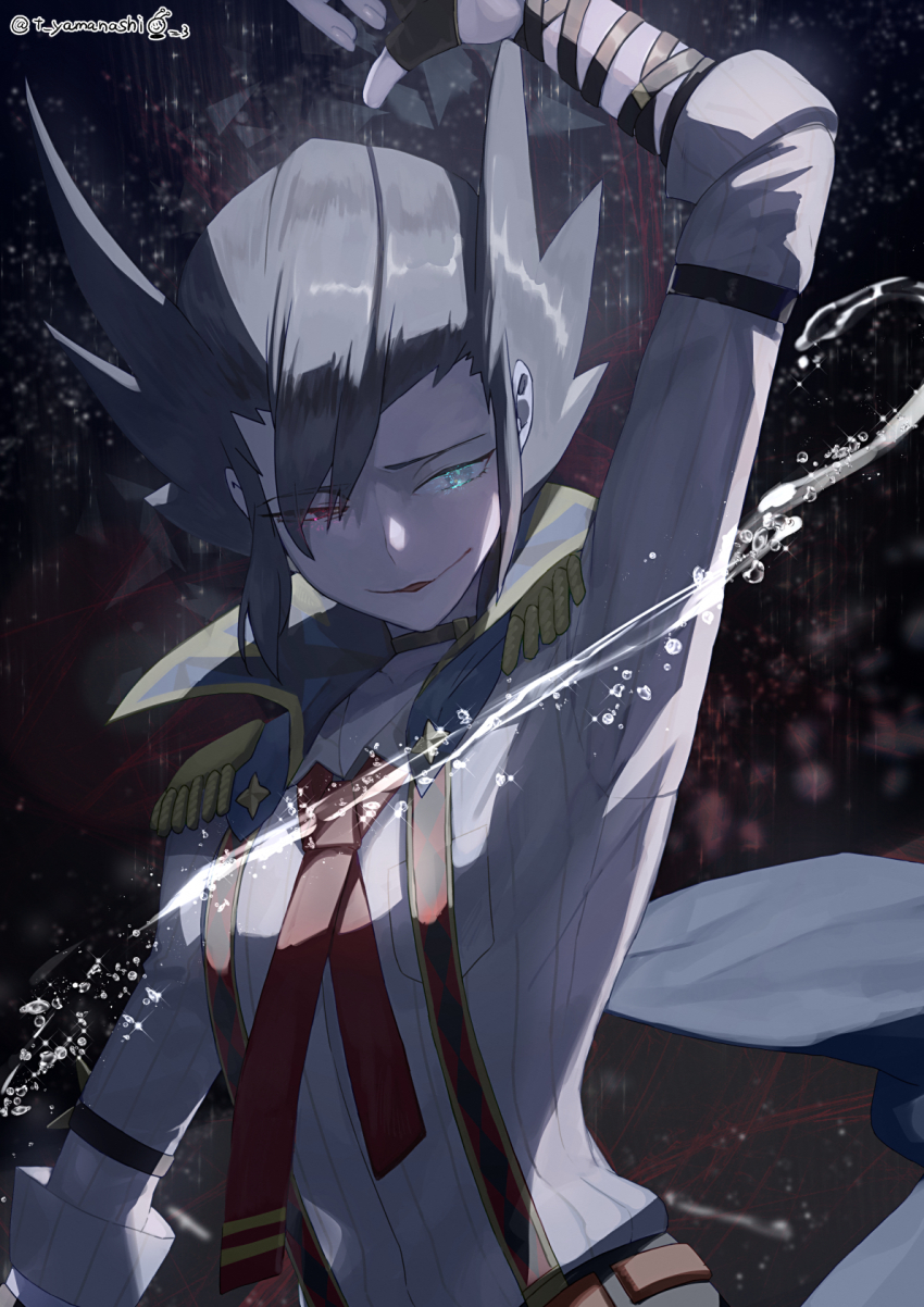 1boy, arm_up, black_hair, blue_eyes, dark_background, epaulettes, grimsley_(pokemon), grimsley_(sygna_suit)_(pokemon)