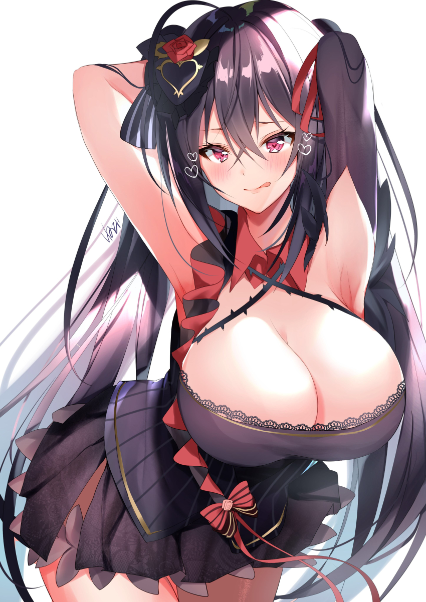 1girl, :q, absurdres, ahoge, armpits, arms_behind_head, azur_lane, bare_shoulders