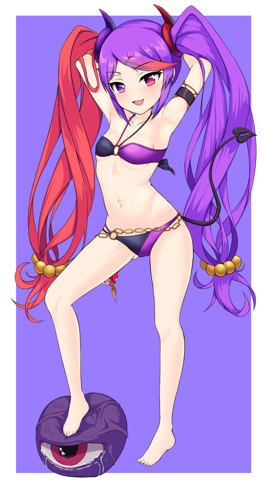 1girl, armpits, arms_behind_head, bad_id, bad_pixiv_id, bandeau, bare_shoulders, bikini, blush, breasts, collarbone, hair_ornament, hairclip, hakuta, halterneck, heart, heart_hair_ornament, heterochromia, highres, long_hair, misaki_(princess_connect!), misaki_(summer)_(princess_connect!), multicolored_bikini, multicolored_hair, navel, o-ring, princess_connect!, purple_bikini, purple_eyes, purple_hair, red_eyes, red_hair, ribbon, seductive_gaze, seductive_smile, small_breasts, smile, solo, swimsuit, twintails, two-tone_bikini, two-tone_hair, very_long_hair
