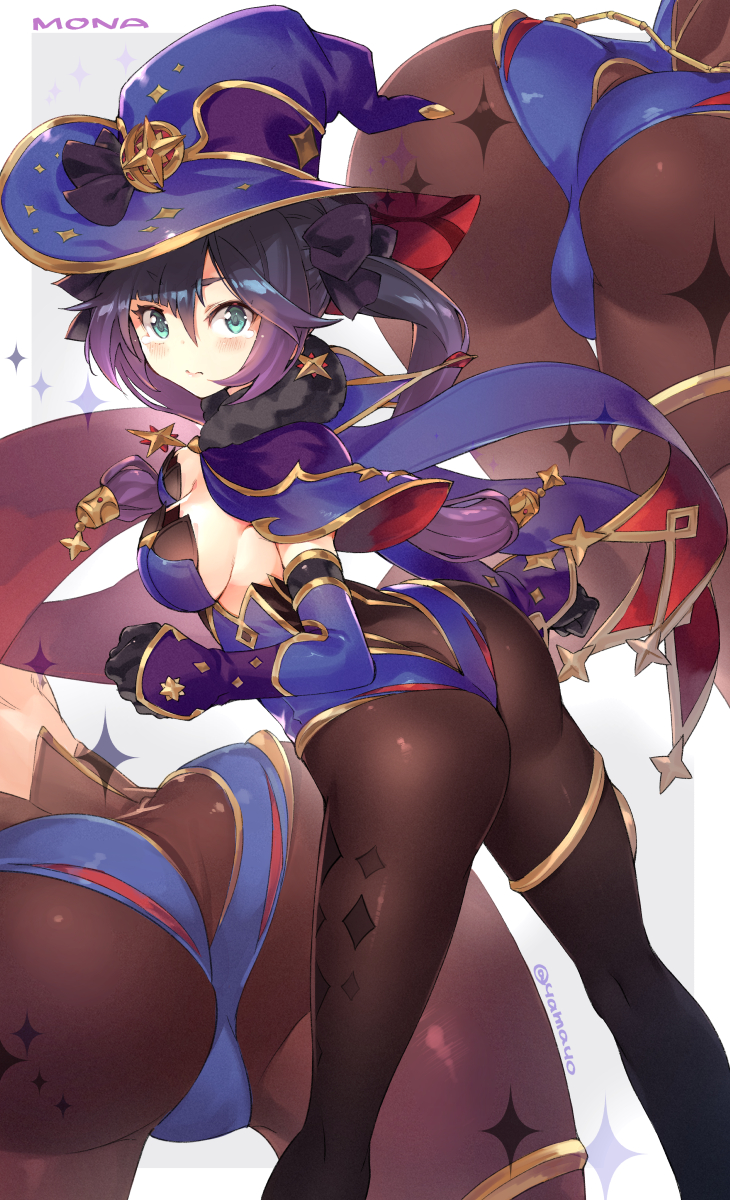 1girl, ass, ass_focus, back, black_hair, blue_headwear, blue_leotard, blush, bodystocking, breasts, brown_legwear, character_name, cleavage, fur_collar, genshin_impact, green_eyes, hat, highleg, highleg_leotard, highres, jewelry, leotard, long_hair, looking_at_viewer, looking_back, medium_breasts, mona_(genshin_impact), multiple_views, super_zombie, tearing_up, thighlet, thighs, twintails, witch_hat