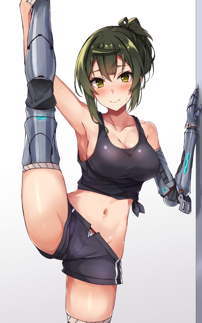 1girl, arm_up, armpits, bare_shoulders, black_shorts, blush, breasts, cleavage, closed_mouth, collarbone, cyborg, gradient_background, green_hair, grey_background, hasumushi, highres, leg_up, looking_at_viewer, medium_breasts, navel, original, panties, panty_peek, prosthesis, prosthetic_arm, prosthetic_leg, short_hair, short_shorts, shorts, sidelocks, sleeveless, smile, split, standing, standing_on_one_leg, standing_split, stomach, tank_top, underwear, white_panties, yellow_eyes
