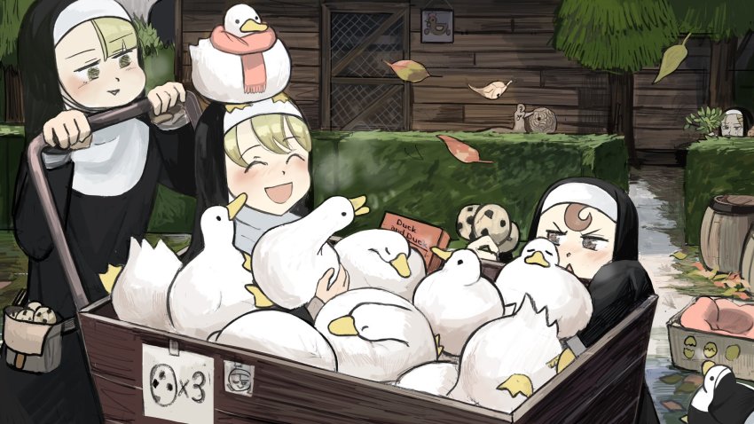 4girls, :d, ^_^, animal, animal_on_arm, animal_on_head, autumn_leaves, barrel