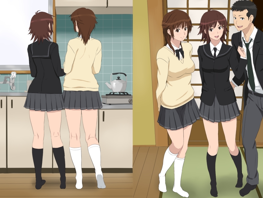 1boy, 2girls, amagami, black_eyes, black_hair, breasts, brown_eyes, brown_hair, cottage, highres, itou_kanae_(amagami), kitchen, large_breasts, medium_breasts, multiple_girls, sakurai_rihoko, school_uniform, skirt, smile, socks, standing, tagme, umehara_masayoshi