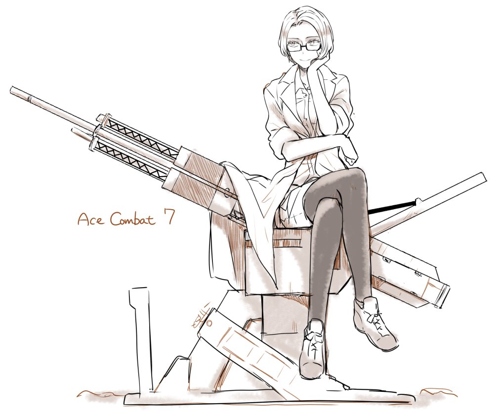 1girl, ace_combat, ace_combat_7, cannon, coat, commentary, commentary_request, copyright_name, crossed_legs, deanna_mconie, full_body, glasses, looking_to_the_side, magnetic_weapon, mimura_tokusa, pantyhose, railgun, shoes, simple_background, sitting, smile, sneakers, solo, stonehenge_(ace_combat), stonehenge_turret_network, weapon