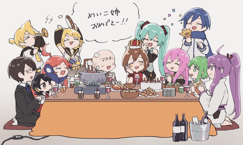 >_<, 4boys, 6+girls, ahoge, aqua_hair, aqua_necktie, arm_warmers, armband, bare_shoulders, birthday_party, black_collar, black_hair, black_skirt, black_sleeves, black_suit, blonde_hair, blue_hair, blue_necktie, blue_scarf, blush, bow, brown_hair, clapping, closed_eyes, coat, collar, commentary, confetti, crop_top, crown, cup, detached_sleeves, dress, drinking_glass, earmuffs, faceless, faceless_male, food, formal_clothes, fur-trimmed_dress, fur_trim, glasses, green_eyes, green_hair, grey_shirt, gumi, hair_bow, hair_ornament, hairclip, hand_on_own_cheek, hand_on_own_face, hatsune_miku, hazuki_015, highres, hiyama_kiyoteru, hotpot, ice_bucket, instrument, japanese_clothes, kaai_yuki, kagamine_len, kagamine_rin, kaito_(vocaloid), kamui_gakupo, kotatsu, long_hair, master_(vocaloid), megurine_luka, meiko_(vocaloid), meiko_(vocaloid3), miniskirt, multiple_boys, multiple_girls, music, nail_polish, neckerchief, necktie, party, party_popper, pink_hair, plate, playing_instrument, pleated_skirt, ponytail, purple_eyes, purple_hair, red_shirt, robe, sailor_collar, scarf, school_uniform, sf-a2_miki, shirt, short_hair, short_ponytail, short_sleeves, short_twintails, shorts, shoulder_tattoo, sitting, skirt, sleeveless, sleeveless_shirt, smile, spiked_hair, suit, swept_bangs, table, tambourine, tattoo, translated, trumpet, twintails, very_long_hair, vocaloid, white_bow, white_coat, white_robe, white_shirt, wine_glass, yellow_nails, yellow_neckerchief
