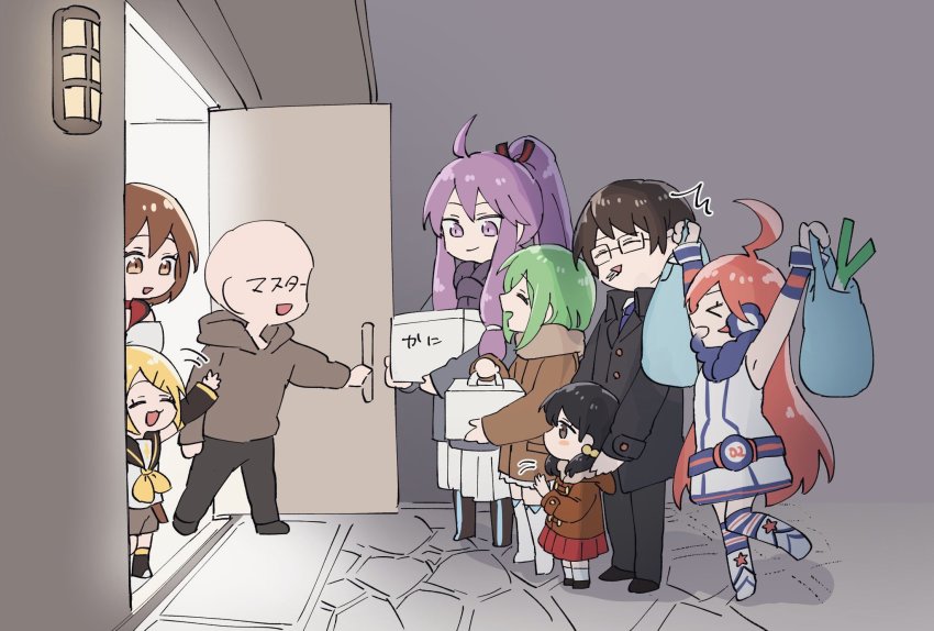 3boys, 5girls, ^^^, ahoge, arms_up, bag, bare_shoulders, birthday_party