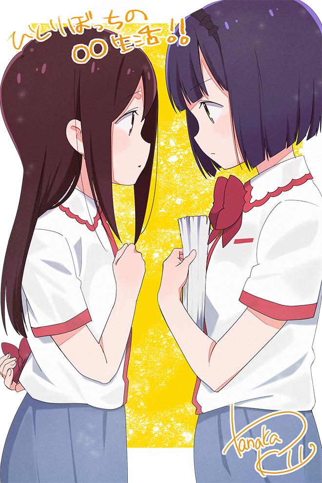 2girls, arm_behind_back, artist_name, black_bow, black_hair, black_hairband, blouse, blunt_bangs