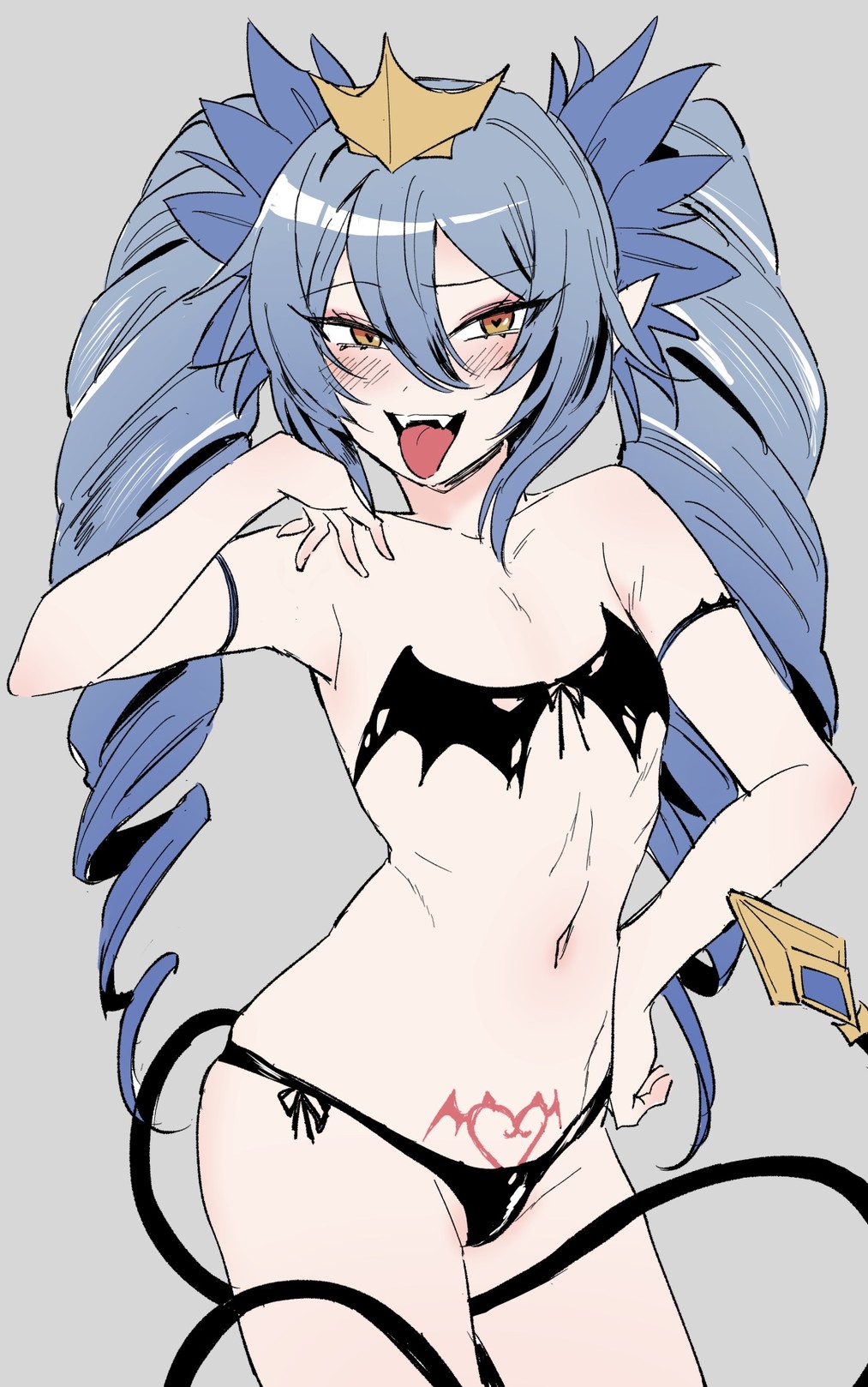 1girl, :d, arm_strap, bare_shoulders, bikini, black_bikini, blue_hair, blush, bra, contrapposto, copyright_request, cowboy_shot, crown, demon_girl, demon_tail, drill_hair, fangs, flat_chest, gradient_hair, grey_background, hair_ornament, hand_on_own_hip, hand_up, highres, lewisia_aquablue, little_mare, long_hair, looking_at_viewer, multicolored_hair, navel, open_mouth, orange_eyes, pointy_ears, pubic_tattoo, side-tie_bikini_bottom, simple_background, skindentation, smile, solo, standing, strapless, strapless_bra, swimsuit, tail, tattoo, tongue, tongue_out, twin_drills, twintails, underwear