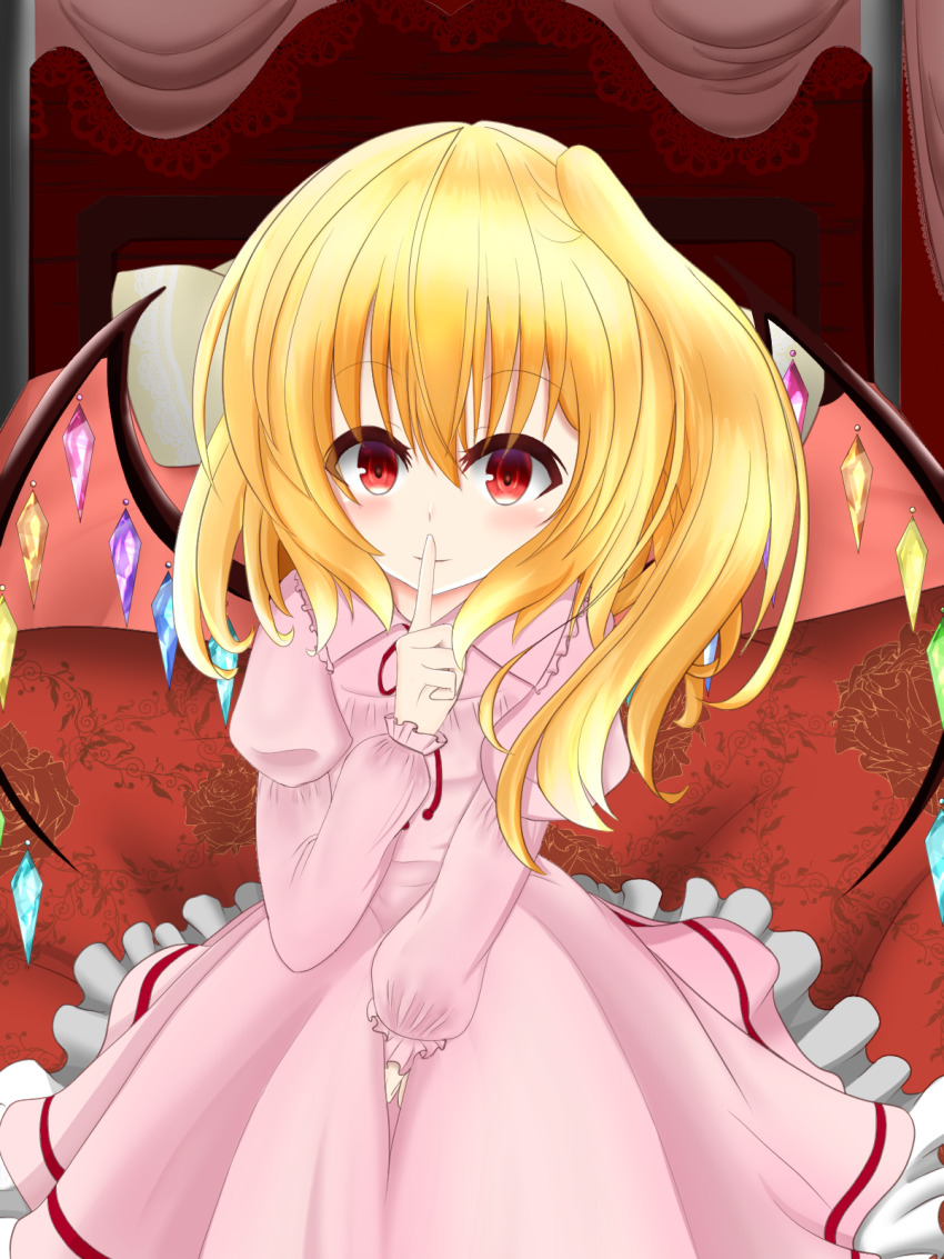 bed, blanket, blonde_hair, canopy_bed, crystal_hair, finger_to_mouth, flandre_scarlet, futon, highres, looking_at_viewer, nightgown, on_bed, pajamas, pillow, pink_nightgown, shushing, side_ponytail, solo, syo03, touhou