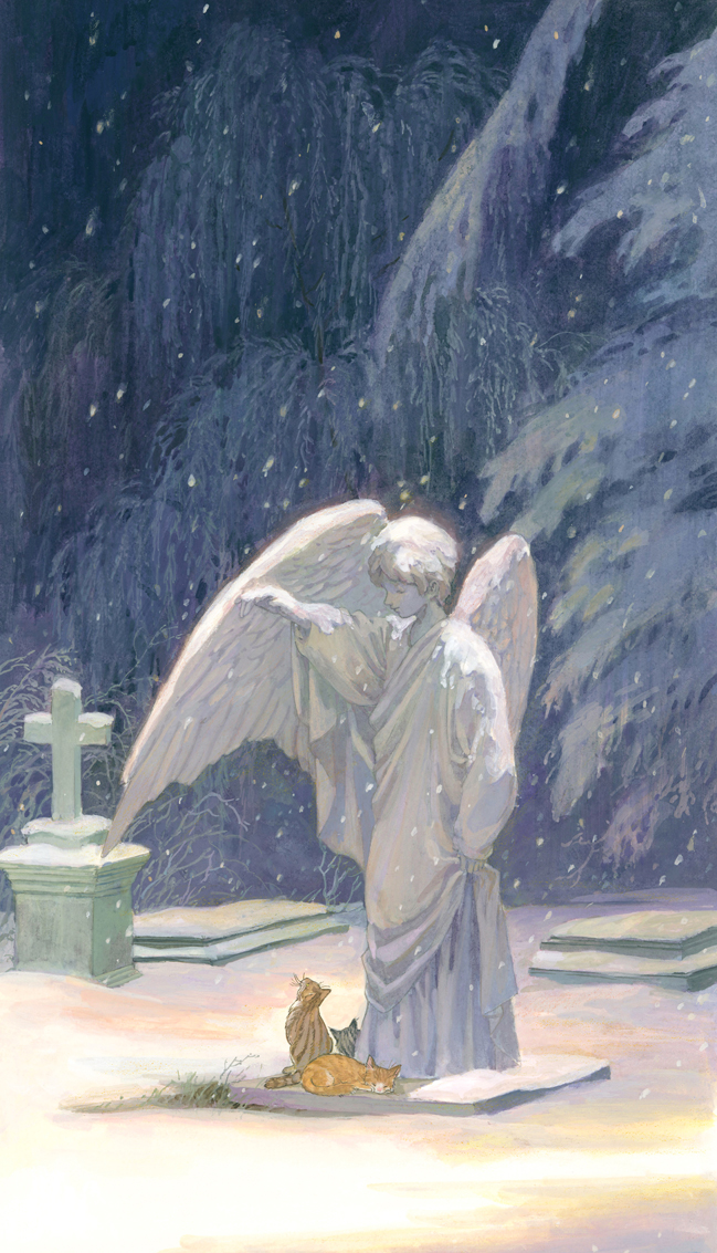 angel_statue, cat, grass, graveyard, no_humans, orange_cat, original, outdoors, shade, shadow, sleeping, snow, snowing, songshu_work, tombstone, tree, winter