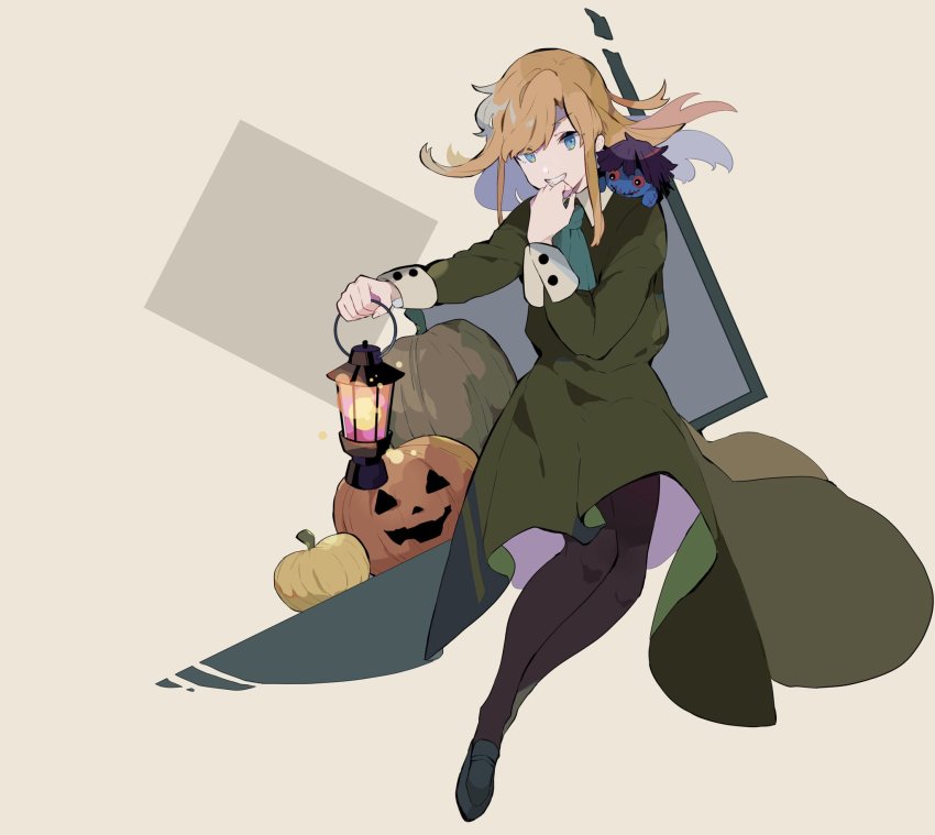 1girl, black_footwear, brown_pantyhose, clenched_hands, commentary, doll, doll_(ib), dress, english_commentary, full_body, green_dress, green_necktie, hand_to_own_mouth, highres, holding, holding_lantern, ib_(kouri), jack-o'-lantern, lantern, looking_to_the_side, mary_(ib), necktie, painting_(object), pantyhose, pumpkin, simple_background, solo, tan_background, yuda_nappa