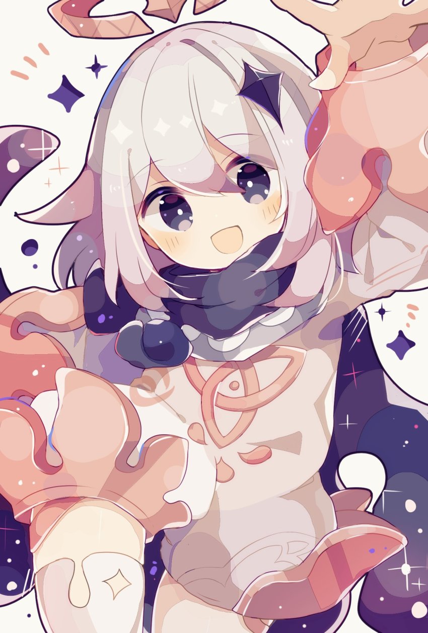 1girl, :d, arm_up, asymmetrical_legwear, black_cape, black_scarf, cape, commentary