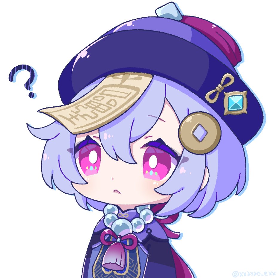 1girl, :<, ?, ayao_(axt1224), bead_necklace, beads, chinese_clothes, frown, genshin_impact, hair_ornament, hat, jacket, jewelry, necklace, ofuda, pink_eyes, purple_hair, purple_hat, purple_jacket, qingdai_guanmao, qiqi_(genshin_impact), short_hair, simple_background, solo, talisman, upper_body, white_background