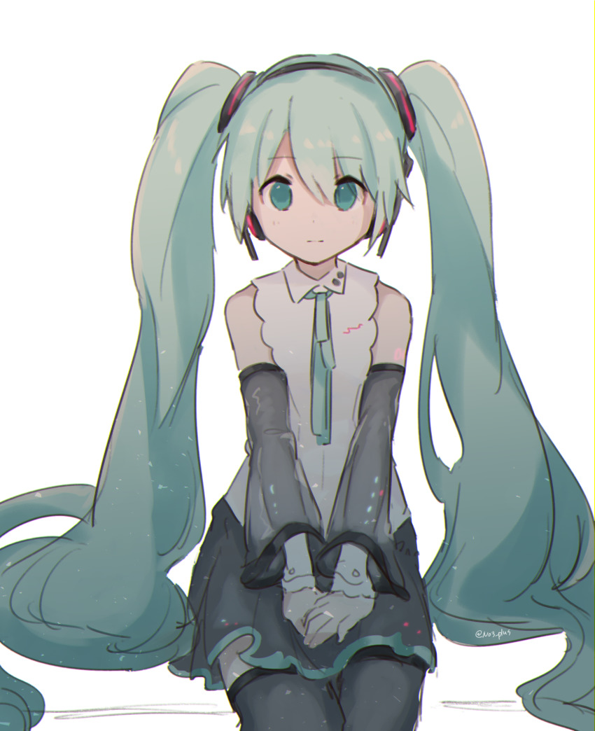 1girl, aqua_eyes, aqua_hair, aqua_ribbon, bare_shoulders, black_skirt, black_sleeves, black_thighhighs, cowboy_shot, detached_sleeves, expressionless, hair_ornament, hatsune_miku, hatsune_miku_(nt), headphones, highres, long_hair, looking_at_viewer, miniskirt, n03+, neck_ribbon, own_hands_together, piapro_studio, pleated_skirt, ribbon, shirt, shoulder_tattoo, sitting, skirt, sleeveless, sleeveless_shirt, solo, tattoo, thighhighs, twintails, very_long_hair, vocaloid, white_background, white_shirt