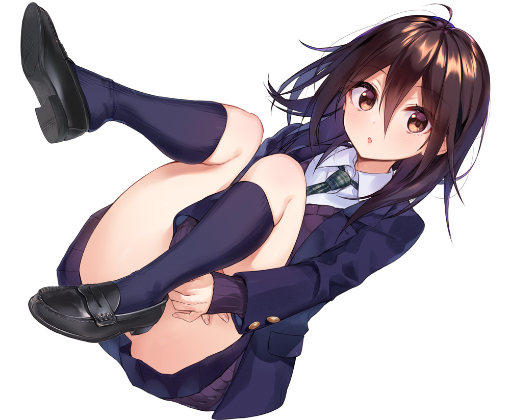 1girl, ahoge, black_shoes, blue_jacket, blue_skirt, blue_socks, blush, breasts