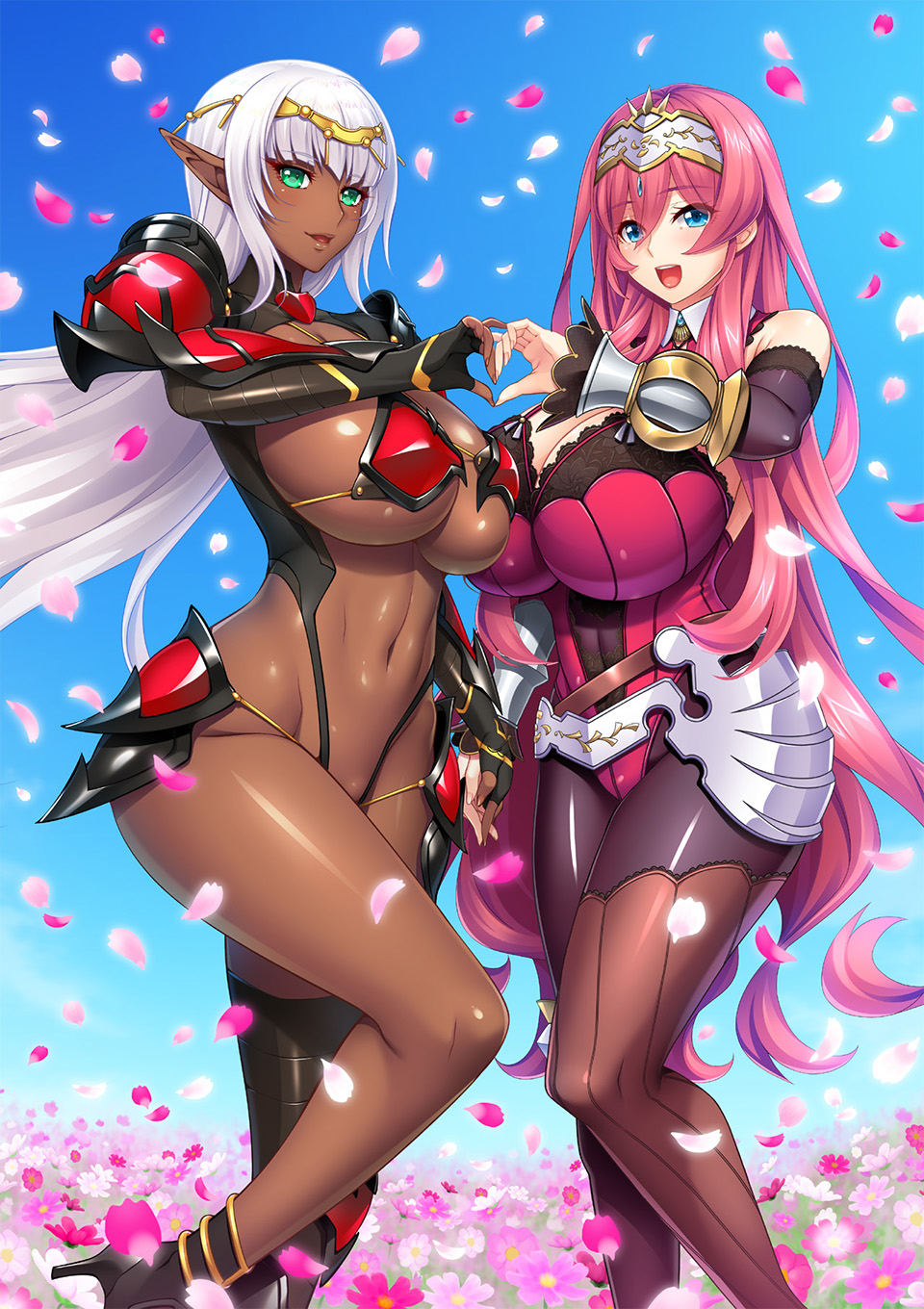 2girls, aoi_nagisa_(metalder), armor, bikini_armor, blue_eyes, breasts, cleavage, dark-skinned_female, dark_skin, detached_sleeves, green_eyes, hairband, heart, heart_hands, heart_hands_duo, high_heels, highres, huge_breasts, long_hair, multiple_girls, nanatsuzaka_miori, navel, non-web_source, official_art, open_mouth, pantyhose, petals, pink_hair, pointy_ears, princess_heart_link_~kenki-tachi_no_enbu~, single_thighhigh, siris_ismalia, thighhighs, very_long_hair, white_hair