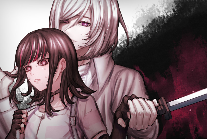 1boy, 1girl, akudama_drive, black_hair, clenched_hand, collar, cutthroat_(akudama_drive), earrings