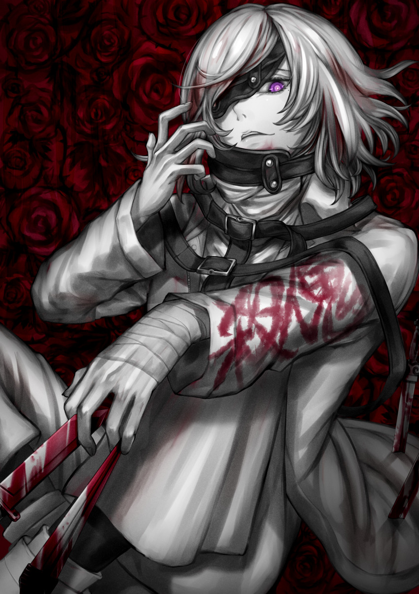 1boy, absurdres, akudama_drive, arm_wrap, blood, bloody_weapon, cutthroat_(akudama_drive), eyepatch