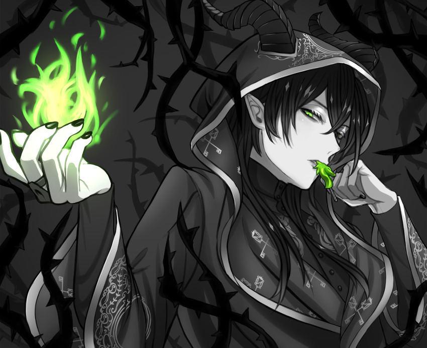 1boy, black_hair, black_horns, black_nails, crossed_bangs, fire, green_eyes, green_fire, grey_background, hair_between_eyes, highres, hood, horns, long_hair, male_focus, malleus_draconia, nail_polish, necktie, nemuritaa, pale_skin, plant, pointy_ears, solo, twisted_wonderland, upper_body