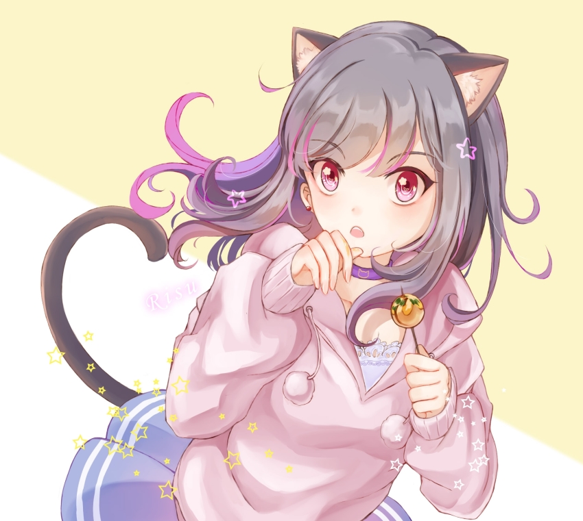 1girl, :o, akudama_drive, animal_ears, blue_skirt, cat_ears, cat_tail, food