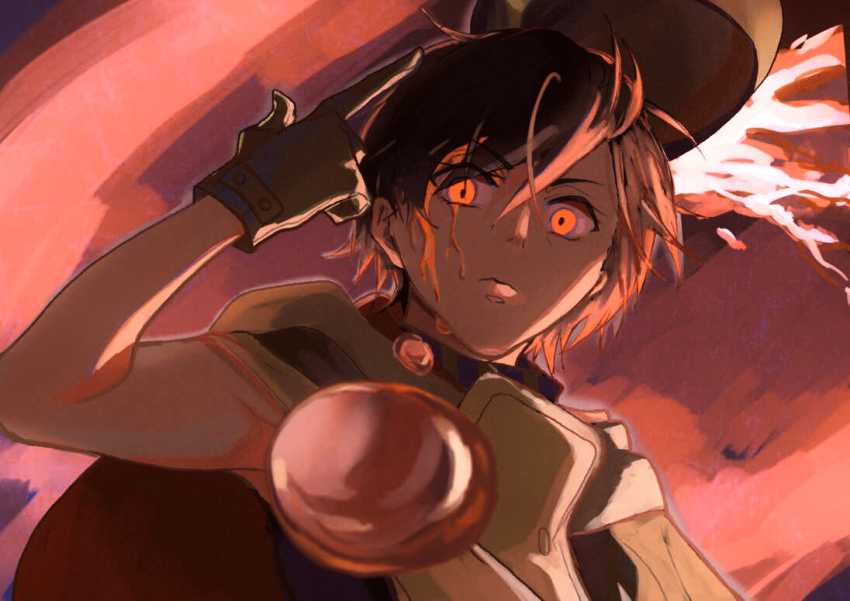 1girl, black_hair, bleeding, blood, blood_on_face, finger_gun, hat, hijiriido_miyo, hondoumachi_koharu, id_:_invaded, looking_at_viewer, p_ppp_(doubledash_bank), red_eyes, red_theme, short_hair, sleeveless, solo, unworn_hat, unworn_headwear, upper_body