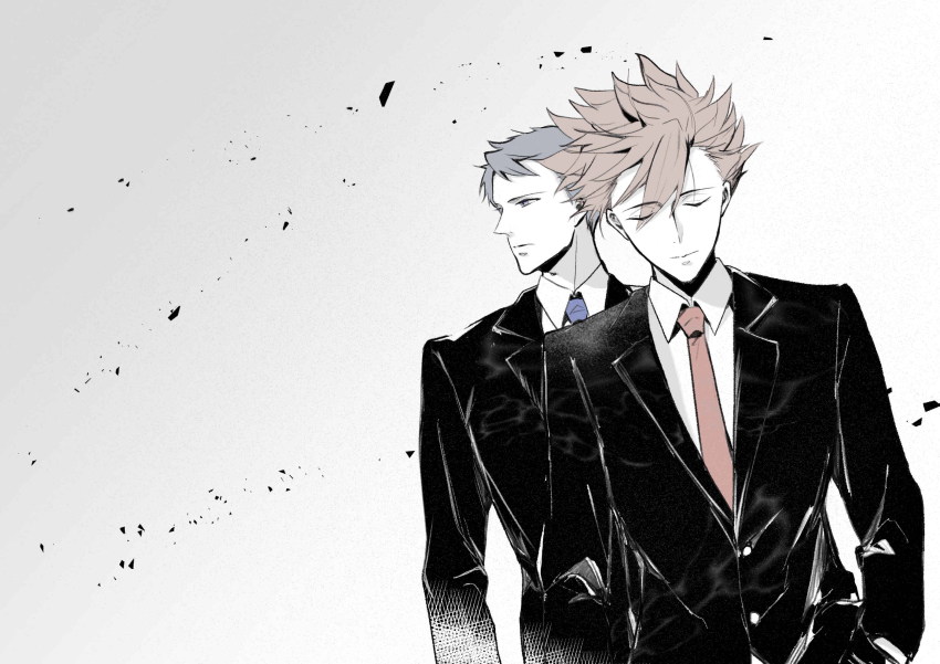 2boys, black_gloves, black_suit, blue_neckwear, brown_hair, closed_eyes, facing_viewer, formal_clothes, gloves, grey_hair, hair_between_eyes, highres, id_:_invaded, looking_to_the_side, male_focus, momoki_funetaro, multiple_boys, narihisago_akihito, necktie, p_ppp_(doubledash_bank), red_neckwear, simple_background, spiked_hair, suit, upper_body