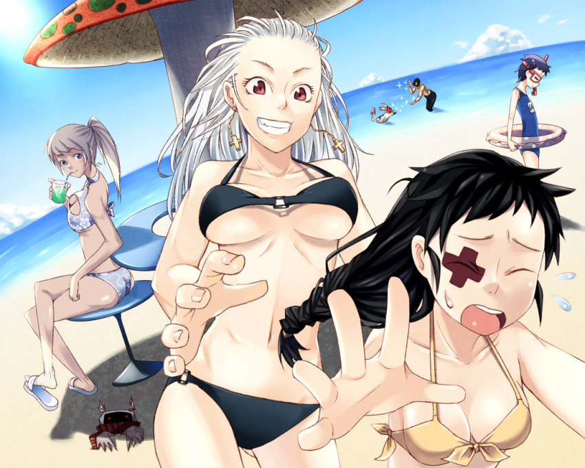 1boy, 4girls, beach, bikini, black_hair, breasts, chasing, chota, crossed_legs, day, dorohedoro, drink, ebisu_(dorohedoro), forehead, haru_(dorohedoro), innertube, kikurage_(dorohedoro), large_breasts, long_hair, multiple_girls, natsuki_(dorohedoro), nikaidou_(dorohedoro), noi_(dorohedoro), ocean, outdoors, pirlo, sitting, swim_ring, swimsuit, underboob, white_hair